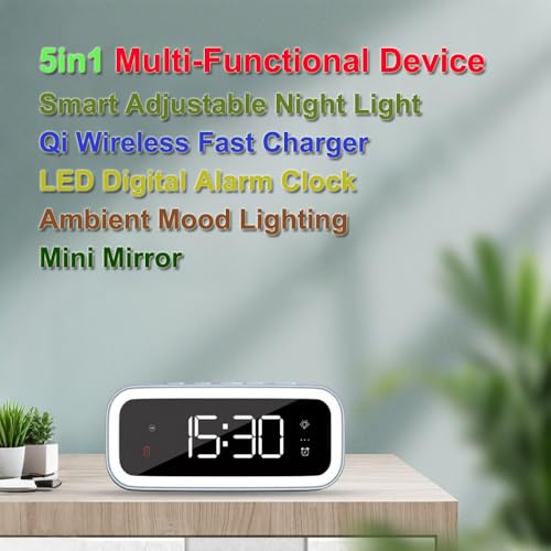 IHAO 5in1 Multi-Functional Alarm Clock with Wireless Charging 15W Fast Charger for Phone & Earbuds 3 Group Alarms, Dimmable Night Light, USB Port, Digital Clock Adjustable Light Mini Mirror QXF-805 - color: Wireless Charger Alarm Clock Qxf-805 White