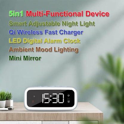 IHAO 5in1 Multi-Functional Alarm Clock with Wireless Charging 15W Fast Charger for Phone & Earbuds 3 Group Alarms, Dimmable Night Light, USB Port, Digital Clock Adjustable Light Mini Mirror QXF-805 - color: Wireless Charger Alarm Clock Qxf-805 White