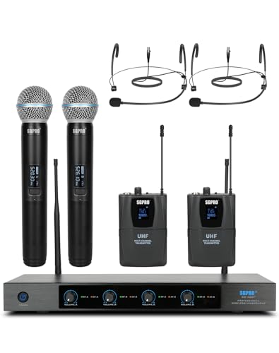 SGPRO SG-400FHB 4-Channel Wireless Microphone System | 2 handheld and 2 headset mics, 250 ft range, Metal mics and receiver, Fixed frequency, Events and live performance
