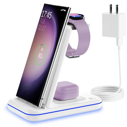 Wireless Charging Station for Samsung/Android, Fast Wireless Watch Charger Station Compatible for Samsung Galaxy S26 Ultra/S25/S24+/Z Flip 7/6 Fold 7/6, Watch8/7/Pro/Active 2 Galaxy Buds3/2 Pro(White) - color: White