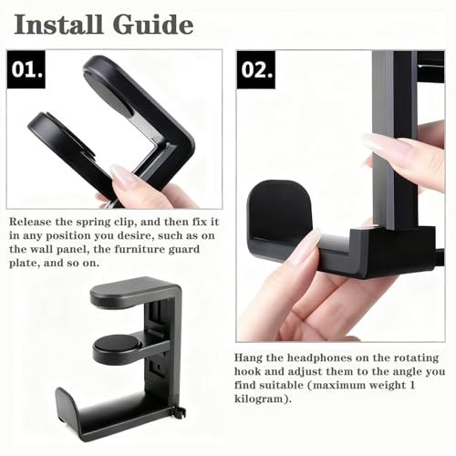 Headphone Stand, Desk Mount Holder with 360 Degree Swivel | Gaming Headset Organizer, Clamp-on Under Desk Hanger with Cable Clip for Office, Home