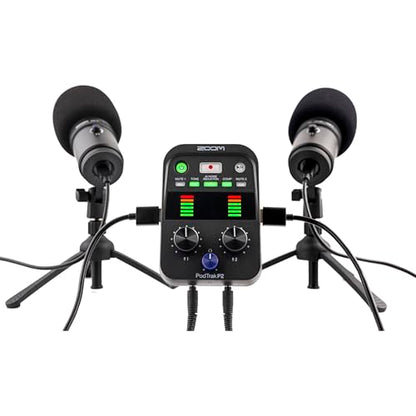 Zoom PodTrak P2 Two-Host Podcast Bundle with 2X Zoom Zum-2 USB Supercardioid Condenser Mics, ZHP-2 Headphones, and TPS-4 Tripods — Dual-Mic Recorder for Two-Host Podcasting, Interviews, Co-Hosting