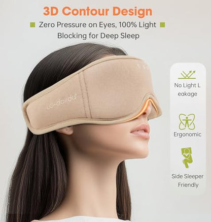 Sleep Mask with Headphones Bluetooth 5.4, LC-dolida Soft Bamboo Cotton Wireless Bluetooth Sleep Mask, Music Sleeping Headphones Cooling & Breathable, Ultra-Thin Stereo Speaker for Side Sleepers - color: Khaki