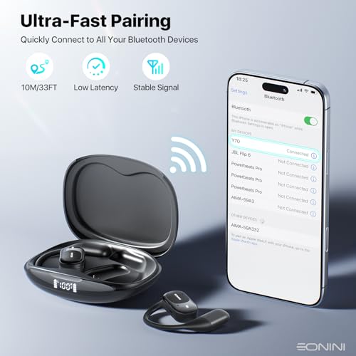 Eonini Open-Ear Earbuds with Earhooks, LED Display Case, Lightweight & Secure Fit, All-Day Comfort, Stay-Aware Design, Clear Calls, 40H Playtime, IPX5 Waterproof Bluetooth 5.3 for Running, Gym - color: Black