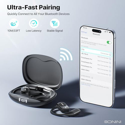 Eonini Open-Ear Earbuds with Earhooks, LED Display Case, Lightweight & Secure Fit, All-Day Comfort, Stay-Aware Design, Clear Calls, 40H Playtime, IPX5 Waterproof Bluetooth 5.3 for Running, Gym - color: Black