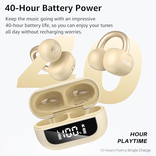 TOZO OpenEarRing Open Ear Earbuds 40H Bluetooth 5.4 Lightweight Comfort | Open Ear Clip On Wireless Earbuds with Smart Digital LED Display, Stable Connection, Secure Fit for Driving Running Workout - color: Yellow