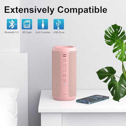 Ortizan Wireless Portable Bluetooth Speaker, IPX7 Waterproof, Dustproof and Rustproof, Powerful 24W Sound, Enhanced Bass, 30 Hour Battery, 360° Party Light, and Stereo Pairing (BT 5.3), Gifts - Pink