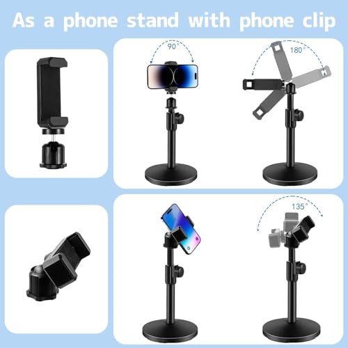 Versatile Desktop Microphone Stand, Adjustable Table Mic Stand with Large Microphone Clip, Cell Phone Clip, 5/8" Male to 3/8" Female Metal Adapter
