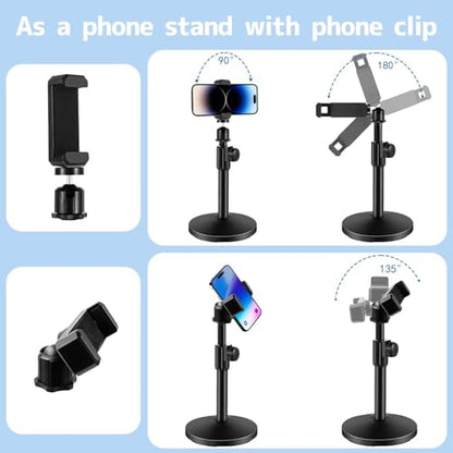 Versatile Desktop Microphone Stand, Adjustable Table Mic Stand with Large Microphone Clip, Cell Phone Clip, 5/8" Male to 3/8" Female Metal Adapter