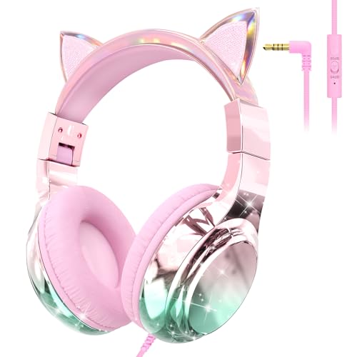 QearFun Kids Cat Ear Headphones with Cord with Mic, 85/94dB Volume Limit - color: Cat Pink