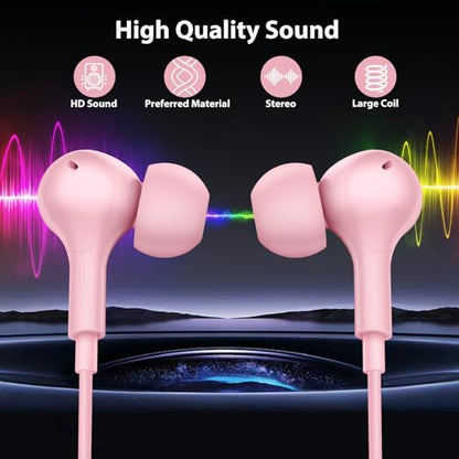 3.5mm Wired Earbuds Headphones with Mic for School Airplane Students Pink | Noise Canceling High Sound Quality 3.5mm Jack Earphones Tablets Computer Laptop for iPod/iPad for MP3/MP4/iPhone 6 5S Pink