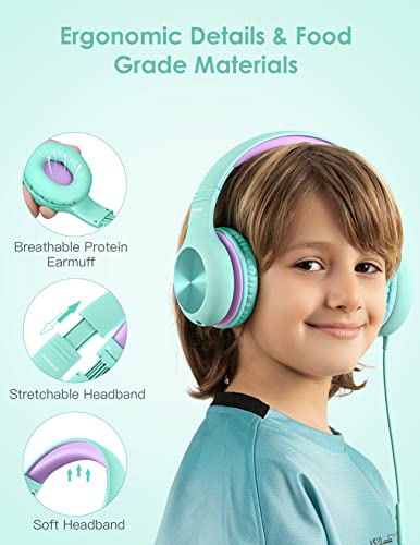 Nabevi Kids Headphones with Microphone, Over-Ear Headphones for Kids with Sharing Function, 85dB/94dB Safe Volume Limit, Wired Headphone for Children, Kid Headset for School, Tablet, Travel, Green - color: Green
