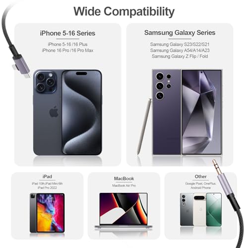 2 in 1 Lightning and USB C to 3.5mm Audio Auxiliary Jack Cable, Type C to Lightning 3.5mm Headphone Car Stereo Cable, Compatible with iPhone 16/15/14/13/12/11/X, Samsung Galaxy S24 S23 S22 S21 Note 20 - size: 6.6FT