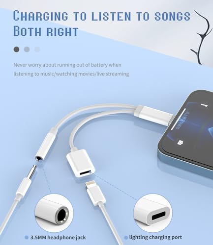 Lightning to 3.5mm Splitter(2in1) for iPhone AUX Adapter Headphone Jack Charger Dongle Cord MFI Certified for iPad 11 12 13 14 Pro 8 Plus Audio Earbud Power Converter Cable Charging Connector