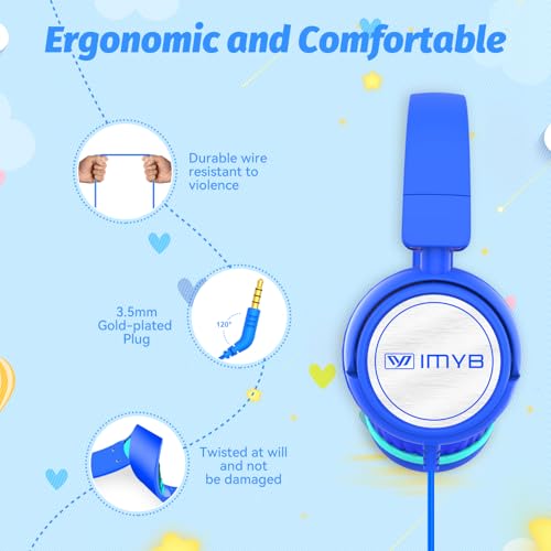 IMYB V1 Kids Headphones, Wired Stereo Foldable Tangle-Free 3.5mm Adjustable On-Ear Headphones for Kids for School/Toddlers/Childrens/Teens/Boys/Girls/Ipad/Tablet/Kindle/Phones/Travel/Plane (Blue-RV) - color: Blue-RV