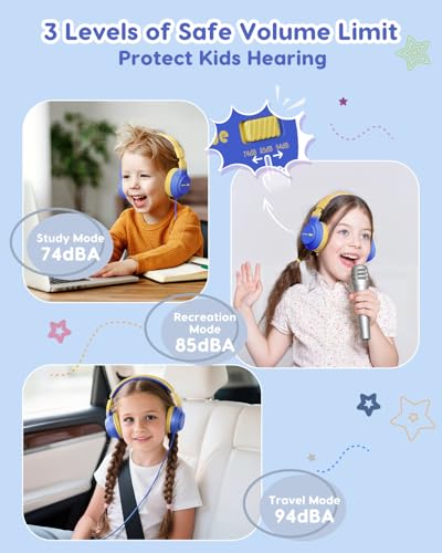 awatrue Kids Headphones for School, 74‑85‑94dB, 3.5mm Jack, HK07 | Foldable Wired Over Ear Headphones, for Toddler School/Travel/iPad/Tablet, Blue-Yellow - color: Blue Yellow