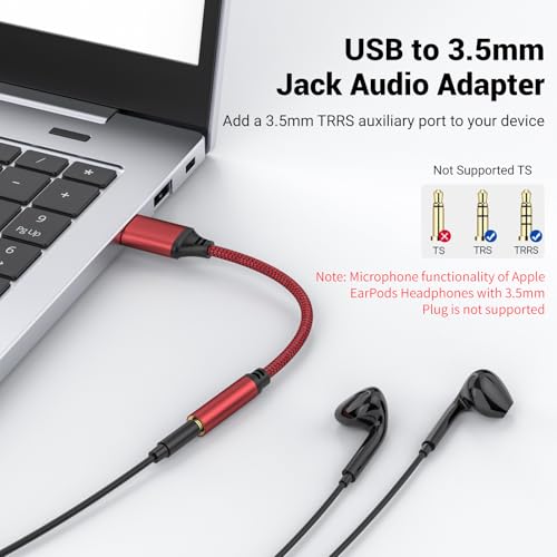 USB to Aux External Sound Card,USB to 3.5mm Jack Audio Adapter for PS4/PS5 | Aux to USB,USB to 3.5mm TRRS Female Headset for PS4/PS5/Headphone/Mac/Linux/Laptop/Desktops/Docking Station(Red)