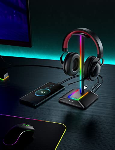 New Bee Headphone Stand with RGB Lighting, Sturdy Aluminum Gaming Headset Holder with USB-C & USB Charging Ports, Stable Desktop Earphone Stand for All Headphones Size, Black | USB-C & USB Charging Ports, Stable Desktop Earphone Stand for All Headphones S