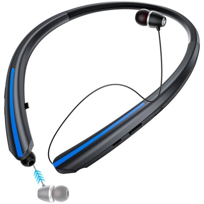 Neckband Retractable Bluetooth Headphones, Wireless Headset with 22H Playtime, Sweat-Resistant Sports, Dual Device Connect, Noise Cancelling Earphones with Mic (Blue) - color: BLUE