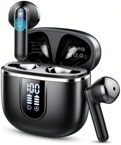 Wireless Earbuds, 2026 Bluetooth 5.4 Headphones with 3D Bass Stereo, 40H Ultralight In-Ear Buds, Bluetooth Earbuds with 4 ENC Noise Cancelling Mic, USB-C LED, IP7 Waterproof Earphones for Android iOS - color: Gloss Black