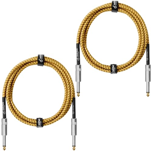 2-Pack 6.6ft Tweed braided 1/4 Inch TS Guitar Cables, Yellow & Brown | Strain relief, Anti-kink, no signal loss, fit electric guitar, bass, amp - color: Yellow, size: 6.6ft
