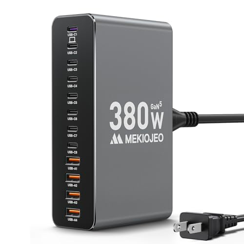 12 Ports Aluminum Alloy MEKIOJEO 380W Charging Station USB C Charger Block | 65W Laptop Fast GaN Charger for MacBook Pro/Air/iPad Pro/iPhone - color: Gray