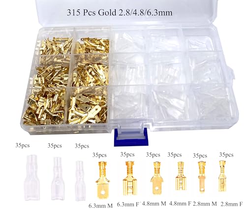 630 Pcs 2.8/4.8/6.3mm Speaker Wire Connectors with Insulating Sleeve, Quick Splice Male and Female Spade Terminal Assortment Kit for Electrical Wiring, Silver and Gold Each 315Pcs