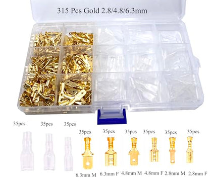 630 Pcs 2.8/4.8/6.3mm Speaker Wire Connectors with Insulating Sleeve, Quick Splice Male and Female Spade Terminal Assortment Kit for Electrical Wiring, Silver and Gold Each 315Pcs