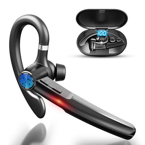 Bluetooth 5.3 Headset, 60Hrs Single Ear Earpiece with Mic | LED Charging Case, Noise Cancelling Mic, Hands-Free Calls for Business, Driving & Meetings