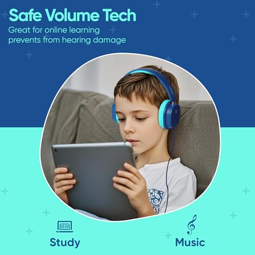 Kids Wired Headphones for School, 2-Pack with Sharing Splitter | Stereo sound, Comfortable over-ear fit, Foldable design, Tangle-free 3.5 mm cable, Ideal for tablets, laptops and computers - color: Blue+Pink