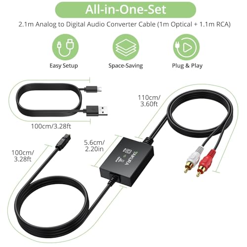 Analog to Digital Audio Converter Plug and Play RCA to Optical ADC Converter, 48KHz PCM Output, with 1.1 M RCA and 1 M Optical One-Piece Cable for Turntable CD Player to Soundbar - color: RCA to Optical Cable