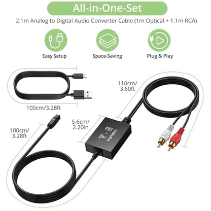 Analog to Digital Audio Converter Plug and Play RCA to Optical ADC Converter, 48KHz PCM Output, with 1.1 M RCA and 1 M Optical One-Piece Cable for Turntable CD Player to Soundbar - color: RCA to Optical Cable
