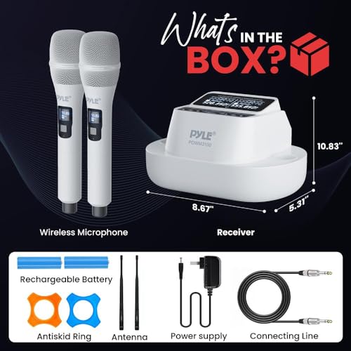 Pyle UHF Wireless Microphone System with Dual Handheld Mics, USB Rechargeable, Bluetooth Fixed Frequency Receiver, Low Noise DSP Audio, Plug & Play for Karaoke, Stage, Classroom, Office & DJ Use