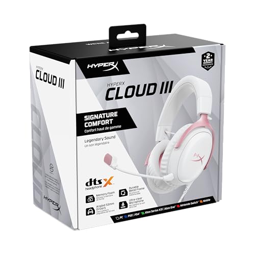 HyperX Cloud III – Wired Gaming Headset, PC, PS5, Xbox Series X|S, Angled 53mm Drivers, Memory Foam, Durable Frame, Ultra-Clear 10mm Mic, USB-C, USB-A, 3.5mm – Pink
