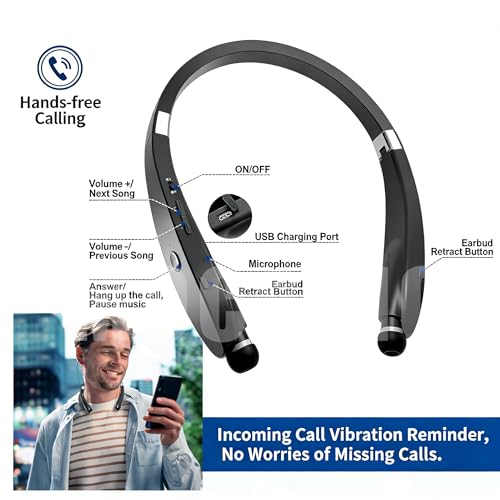 Bluetooth Neckband Headphones, Wireless Foldable Earbuds with Retractable Earbud Cords, 18H Talk Time Stereo Sound, Sweatproof Lightweight in-Ear Earphones for Running, Gym, Travel