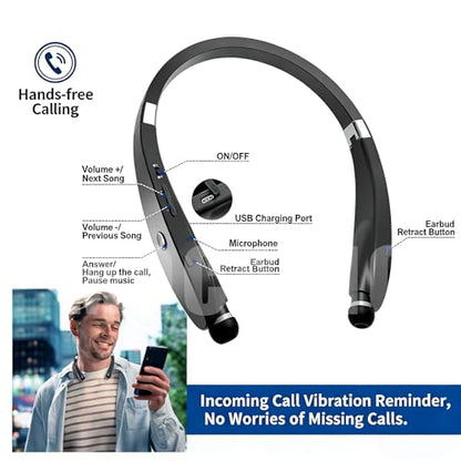 Bluetooth Neckband Headphones, Wireless Foldable Earbuds with Retractable Earbud Cords, 18H Talk Time Stereo Sound, Sweatproof Lightweight in-Ear Earphones for Running, Gym, Travel