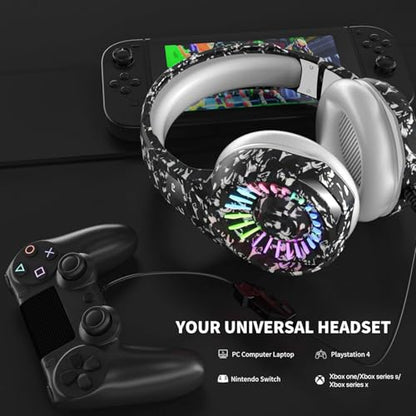 ZIUMIER Wired Camo Gaming Headset for PC, PS5, PS4, Xbox Series X|S | 노이즈 캔슬링 마이크, LED RGB 조명, 50mm 드라이버, 3.5mm 오디오 잭, 소프트 메모리 폼, 멀티 플랫폼 헤드폰 - color: 카모플라주