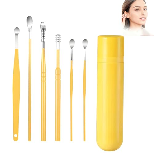 6 Pcs Ear Wax Removal Tool Set with Storage Tube, 2026 Ear Wax Removal Tool Ear Cleaning Kit, Portable Ear Pick Earwax Removal Tool Ear Cleaning Kit with Storage Box (Yellow) - color: Yellow