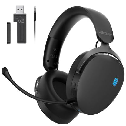Acer Gaming Headset with Aluminum Frame for PS5, PS4, PC, Switch - JetBlack | Tri-Mode(2.4GHz/Bluetooth/Wired) Gaming Headphones with ENC Mic, Stereo Sound, 40H Battery, Blue Light Indicator, 50mm Driver - color: Black