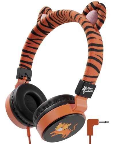 Planet Buddies Kids Tiger Wired Headphones with Cord, Safe Volume for Kids | Toddler Safe, Foldable, On-Ear Corded Animal Headphone for Girls, Boys with Mic for iPad, Tablet, Airplane, School & Travel