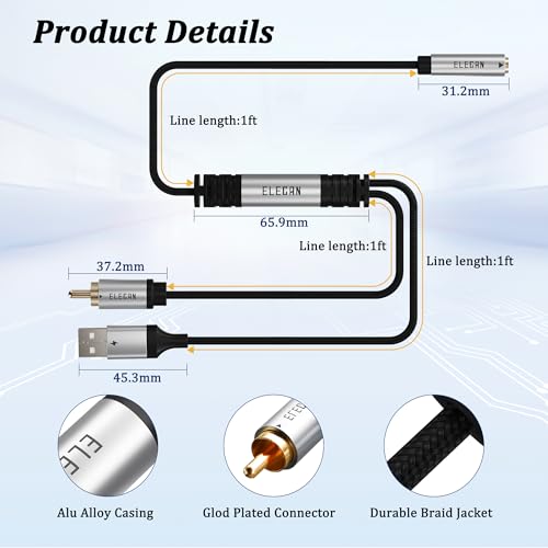 Elecan DAC 192kHz Unidirectional S/PDIF Coaxial RCA Male to 3.5mm AUX Female Converter Cable 2 Ft, Digital to Analog Audio Adapter USB Powered, Hi-Fi Stereo for TV Blu-Ray Speaker Headphone +Ties - size: 2FT, style: RCA to Female Aux