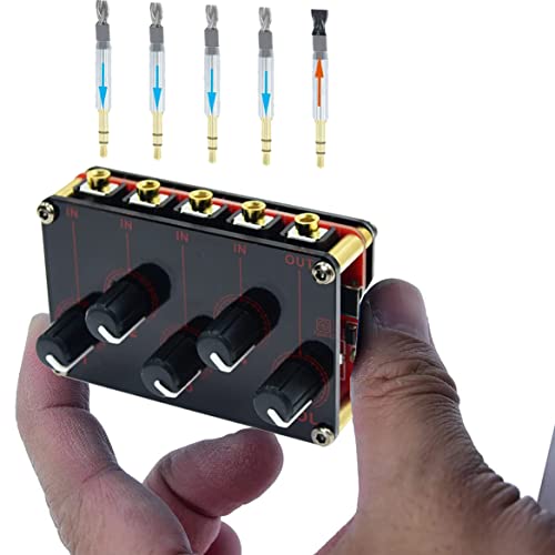 Multiple Input Mix 4 Way 1/8" inch 4 in 1 Out Stereo Passive Mixer Headphone Sound Audio Speaker Splitter selector switcher 3.5mm audio Switch Box aux Loop Volume knob Control 3.5 mm Mixing Sharing