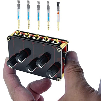 Multiple Input Mix 4 Way 1/8" inch 4 in 1 Out Stereo Passive Mixer Headphone Sound Audio Speaker Splitter selector switcher 3.5mm audio Switch Box aux Loop Volume knob Control 3.5 mm Mixing Sharing