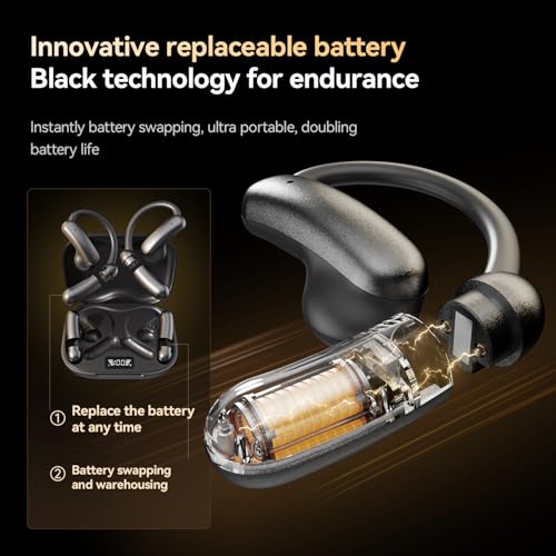 OceanSounds Open Ear Headphones with Swappable Battery, Bluetooth 5.4 Wireless Ear Hook Headphones, Secure Fit for Running, Workout, Cycling and Outdoor Activities - color: Black