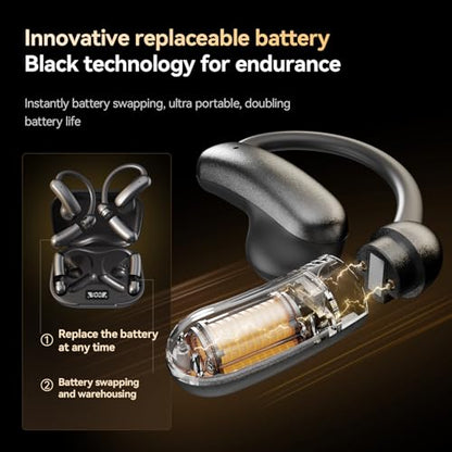 OceanSounds Open Ear Headphones with Swappable Battery, Bluetooth 5.4 Wireless Ear Hook Headphones, Secure Fit for Running, Workout, Cycling and Outdoor Activities - color: Black