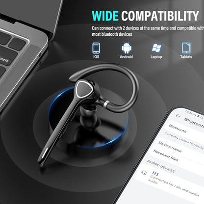Bluetooth Headset, Single-Ear ENC Mic, APTX HD Audio, Dual Device Connectivity, Noise Cancelling Mic, Ideal for Truckers & Office