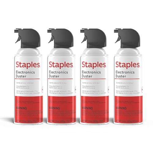Staples Compressed Air Dusters, 10 oz. Cans, Electronics & Office, 4-Pack | Blasts dust from keyboards, laptops, vents and hard-to-reach gear. 4 cans per pack.