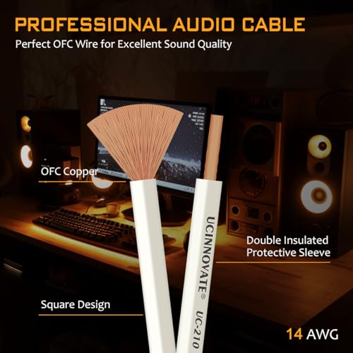 UCINNOVATE 14 AWG OFC Speaker Cable with Pin Banana Plugs, Audiophile HiFi OFC 3m/9.8Ft White Speaker Wire with Gold-Plated Banana Plugs, Square Speaker Cable for Home Audio System, Amp Crystal Sound - size: 2 X 3m / 9.8 FT