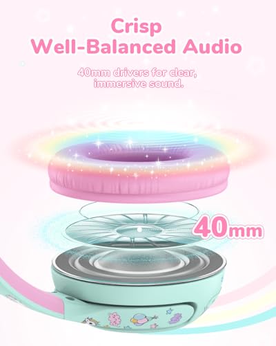 iClever BTH27 Toddler Headphones for 2+ Year Old Baby Kids Travel Study | SafeSound Tech3.0, 74H Playtime, Bluetooth 5.4, BPA Free, Aux, Soft Baby Headphones, Easy Operation, Adjustable, Green/Pink - color: Green/Pink