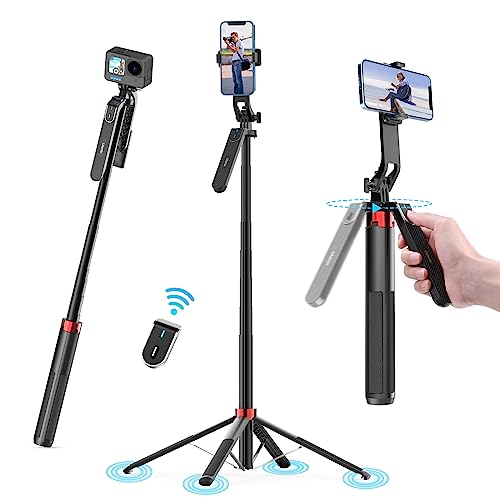 ULANZI MA09 Phone Tripod, 71" Selfie Stick for Luna Gopro Pocket4 Action | Cell Phone Tripod Stand w rechargeable remote, Handheld Shooting, 360° Rotating, 1/4'' Screw for Selfie Video, iPhone Android - color: MA09 Red